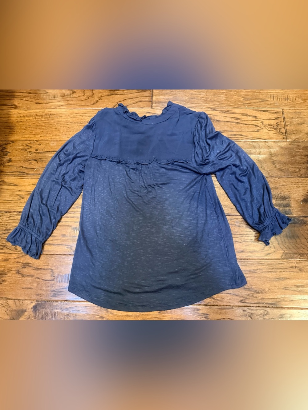 Democracy XS Navy Ruffle Henley Blouse Pintuck Long Sleeve Boho Festival Top - Picture 10 of 13